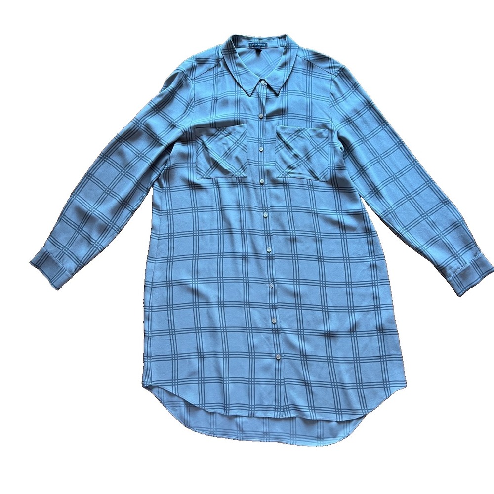 Eileen Fisher Gray Silk Plaid Georgette Long Sleeve Button Down Tunic Dress Sz M